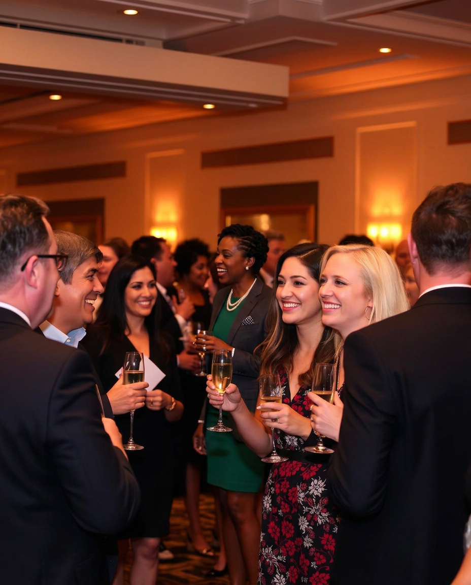 Professionals mingling at an upscale networking event