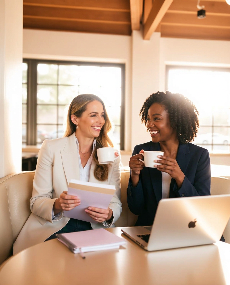Two professionals meeting over coffee in warm morning light